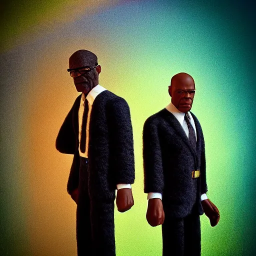 Prompt: needle felted scene featuring john travolta and samuel l jackson in pulp fiction, highly detailed, tilt shift, atmospheric, hyperrealism, highly textured, god rays, action