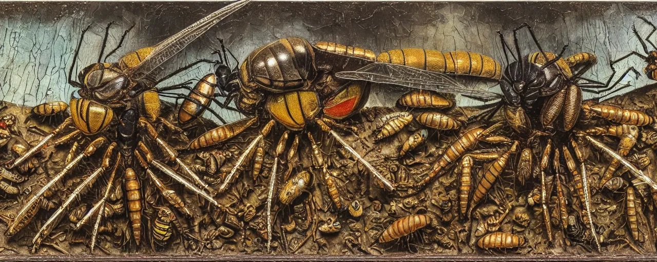 Image similar to strange giant insects, beetles, spiders, wasps, bees, maggots, locusts and flies, in a museum display case, oil painting by max ernst and anselm kiefer, decay, mixed media, textured, sharp focus, highly detailed, photographic emulsion cracked and peeling, rust, cinematic lighting, 8 k, hd