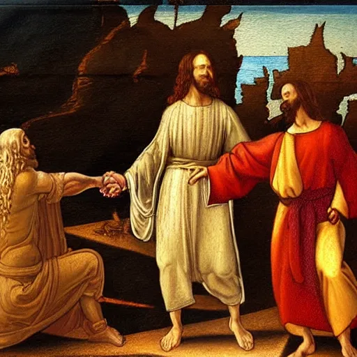 Prompt: Jesus shaking hands with the Flying Spaghetti Monster, oil painting, in the style of Leonardo Davinci