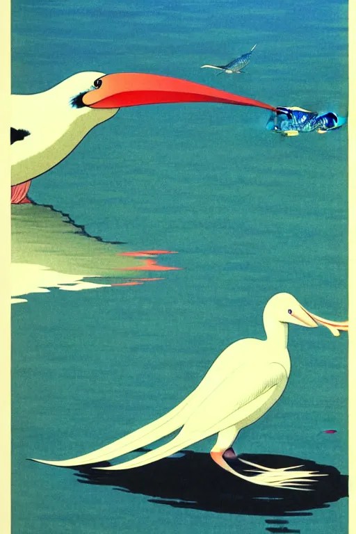 Prompt: a bird with a fish in its beak stood on blurry ground made of smooth water like paint, by kawase hasui, moebius and edward hopper, vivid bright light, colorful flat surreal design, hd, 4 k, artstation