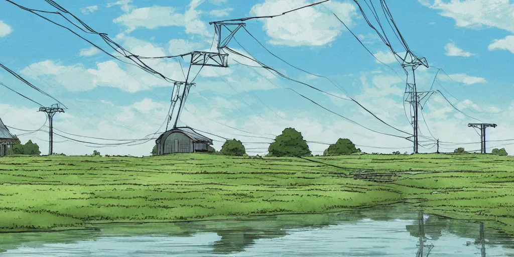 Prompt: round white dome and power lines, by a river and fields, art station, digital art, Studio Ghibli