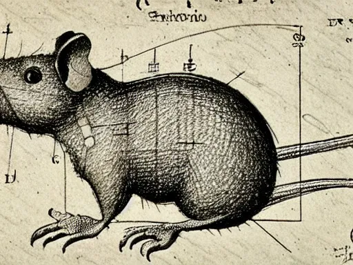 Image similar to highly detailed technical drawing of a rat, schematic, blueprint, pencil, sepia, old paper, art by leonardo da vinci