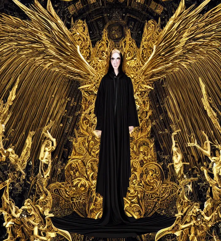 Image similar to full length picture of the angel of death wearing black robes with gold wings in an elaborate cathedral, high octane, 8k, ultra detailed, photorealistic