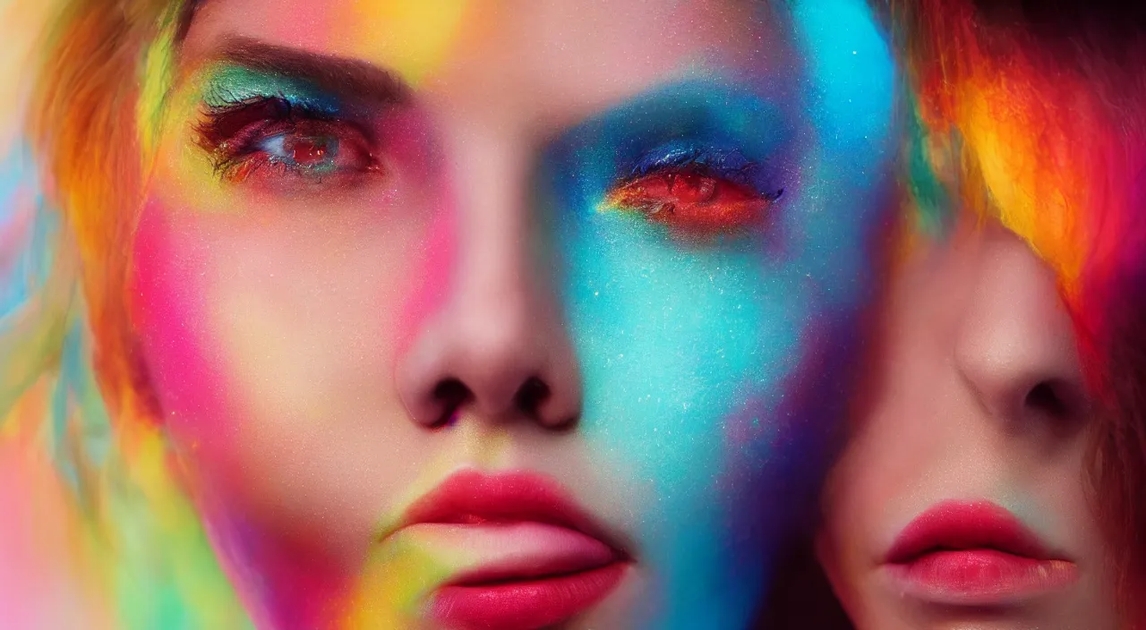 Image similar to beautiful woman with the colours from a prism on her face, closeup, 70mm, trending on artstation, octane render,