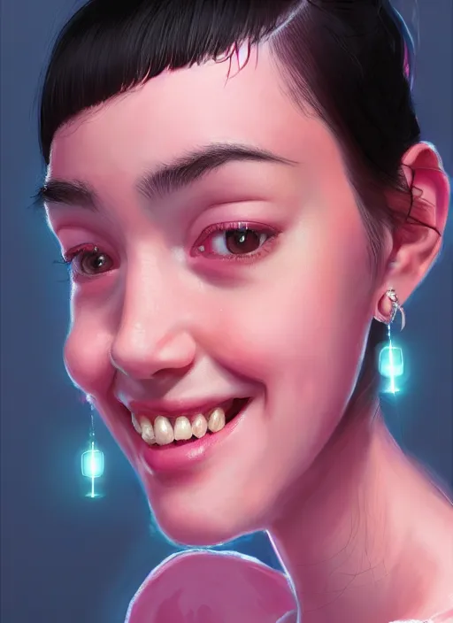 Image similar to portrait of high school girl, realistic, black hair, bangs, half updo hairstyle, pointy nose, skinny, smile, ugly, defined jawline, big chin, pink hair bow, earrings, intricate, elegant, glowing lights, highly detailed, digital painting, artstation, sharp focus, illustration, art by wlop, mars ravelo and greg rutkowski