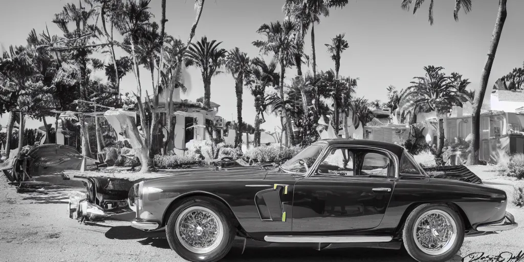 Prompt: photograph, 1958 FERRARI 250 GT, by Peter Singhof, press release, cinematic, PCH, california coast, 8k, depth of field, bokeh.