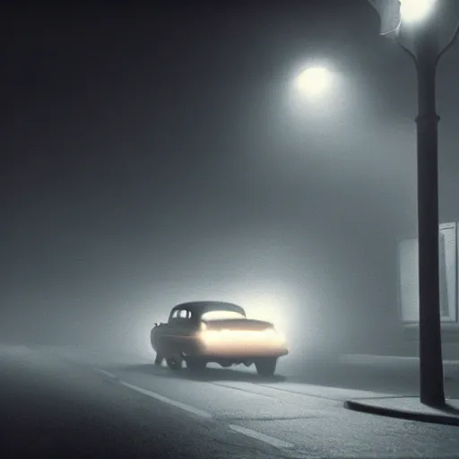 Prompt: A stunningly beautiful award-winning 8K high angle cinematic movie photograph of a foggy intersection in an abandoned 1950s small town at night, by Edward Hopper and David Fincher, cinematic lighting, perfect composition, moody low key volumetric light.