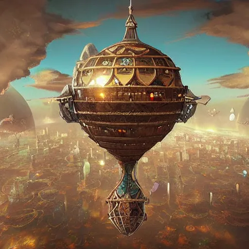 Image similar to enormous flying city!! in a gigantic faberge egg, sky!!!, steampunk, aetherpunk, skydocks, fantasy art, unreal engine,