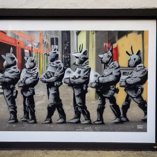 Image similar to photo of banksy graffiti depicting rabbits dressed as riot police