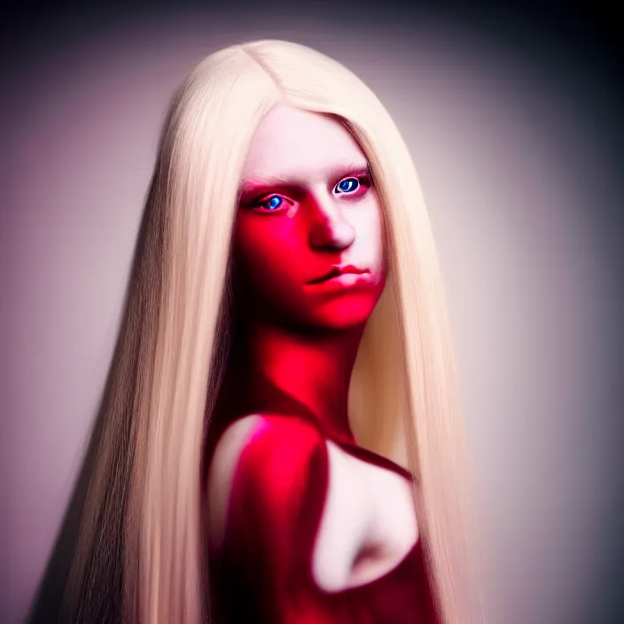 Prompt: simulating photography of a young woman with long blond hair dressed in long white, fine art photography light painting in style of Paolo Roversi, professional studio lighting, dark red background, hyper realistic photography, fashion magazine style