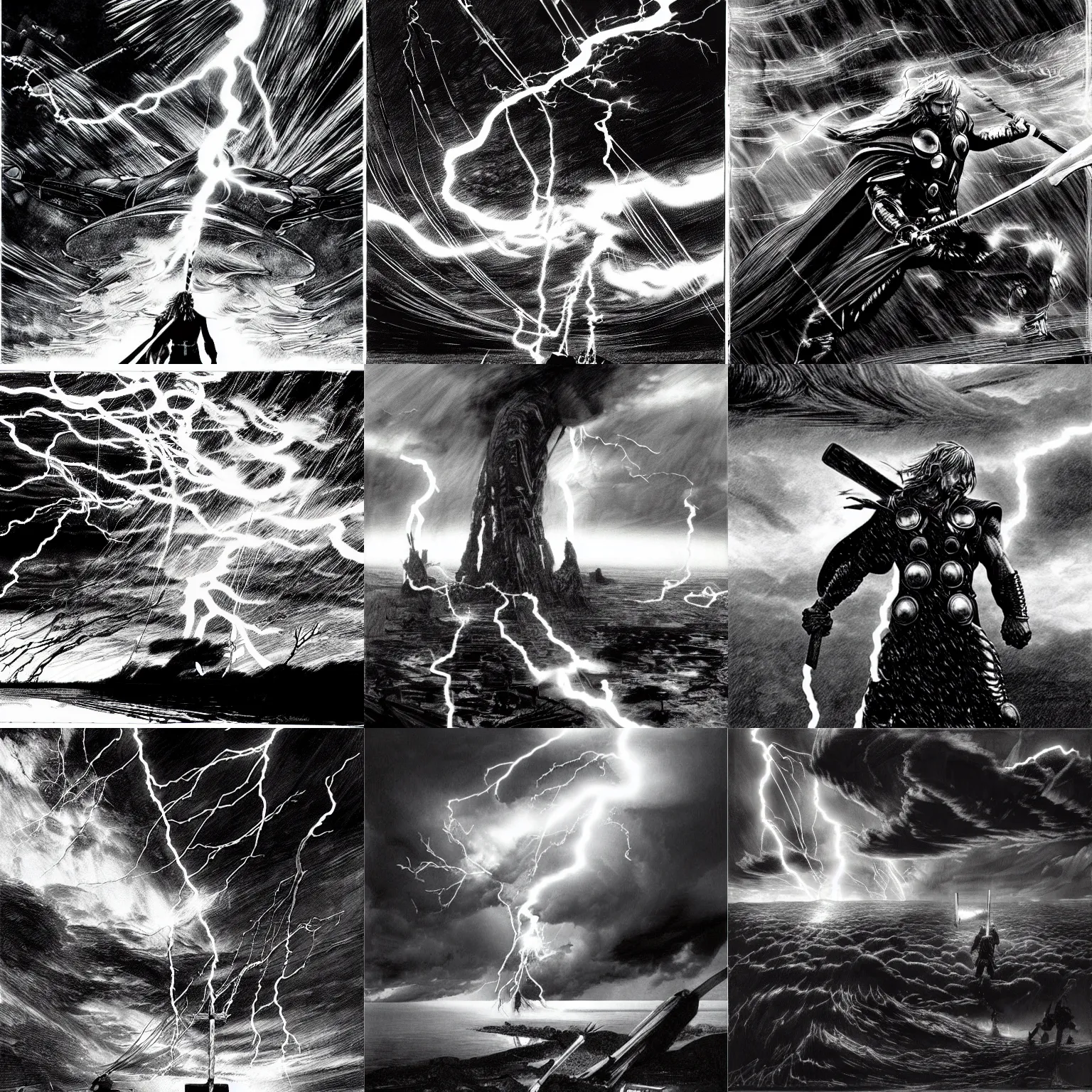 Prompt: thor catches lightning and holds an ax in an epic battle with storm clouds by tsutomu nihei, black and white, photorealism