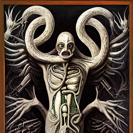 Image similar to a painting of the caduceus by h. r. giger