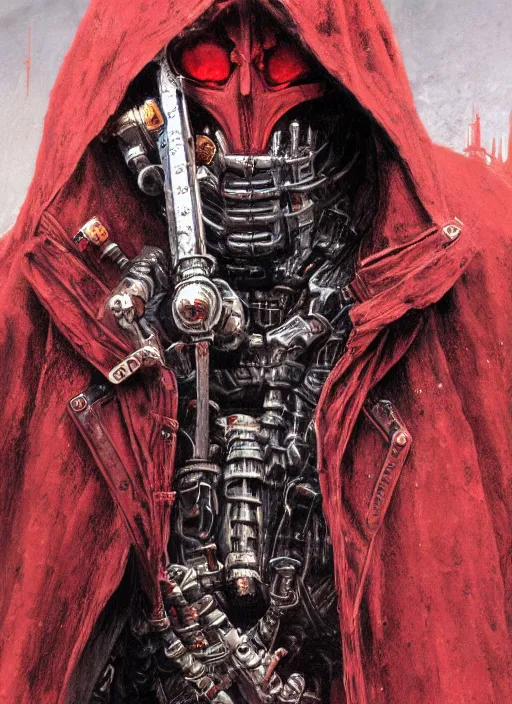 Image similar to portrait of rotten Nicolas Cage as adeptus mechanicus in red hood and robe from Warhammer 40000. Highly detailed, artstation, illustration by and John Blanche and zdislav beksinski and wayne barlowe