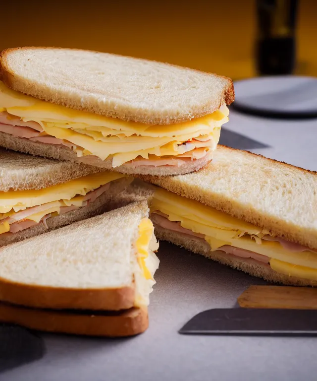 Image similar to high quality presentation photo of a ham & cheese sandwich, photography 4k f1.8 anamorphic bokeh 4k Canon Nikon