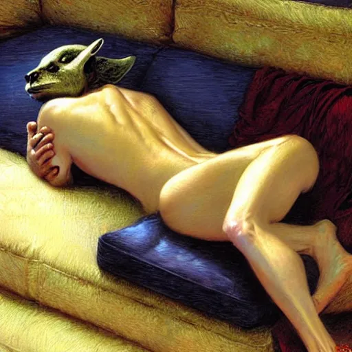 Prompt: a portrait of a furry alien human hybrid sleeping on the couch. highly detailed painting by gaston bussiere, craig mullins, j. c. leyendecker, furry