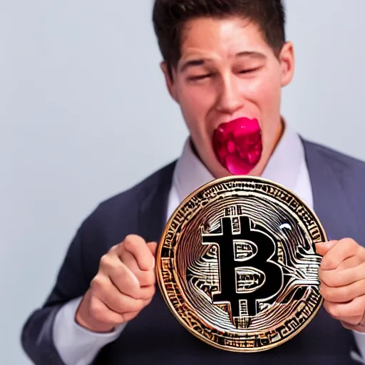 Prompt: a man licks a bitcoin, awkward, studio photo, award winning