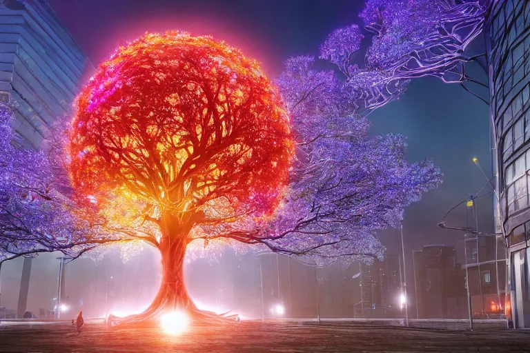 Image similar to Cybernetic tree of life in a city center, hyper real, 8k, colorful, 3D cinematic volumetric light, atmospheric light, studio ghibli inspired, fantasy LUT, high contrast, epic composition, sci-fi, dreamlike, surreal, angelic, by Moebius,