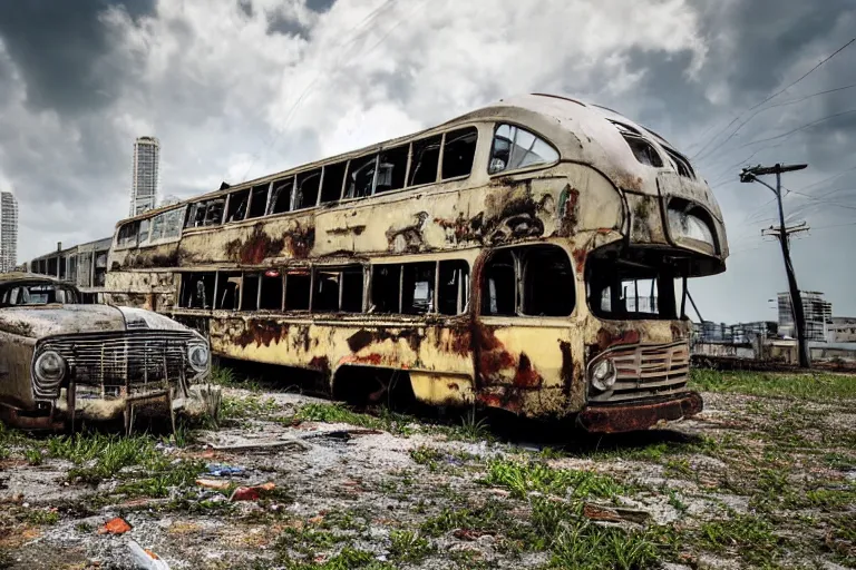 Image similar to wide angle shot of dilapidated fallout 5 miami, tropical coastal city, desolate, dilapidated, just a rusted retro futuristic vintage parked vehicles like cars, buses, trucks, trams, sunny weather, few clouds, volumetric lighting, photorealistic, daytime, spring, sharp focus, ultra detailed, technicolour 1