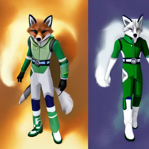 Prompt: a portrait of fox mccloud from starfox wearing a white and green space cadet uniform, handsome eyes, artstation, concept art, furry furaffinity, fox mccloud