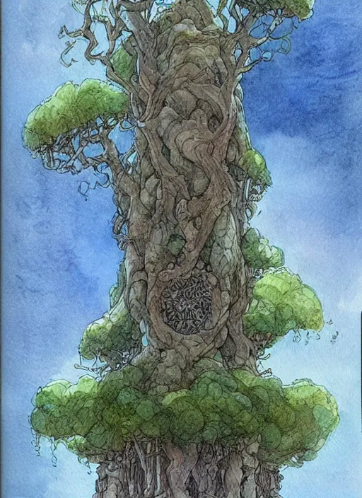 Prompt: pipe organ shaped like a tree, detailed fantasy watercolor comic style, subtle colors, by alan lee and john howe
