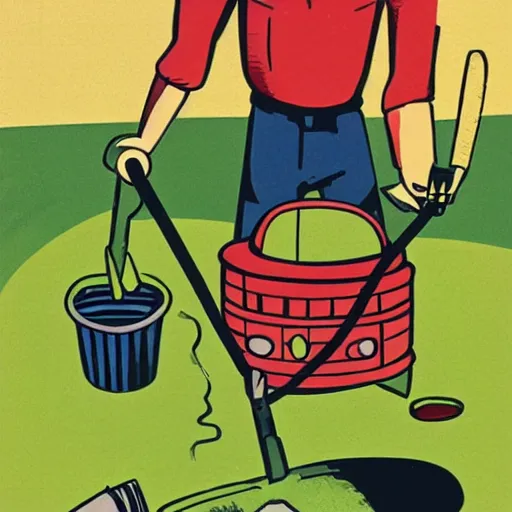 Prompt: 'an alien dad mowing the lawn, 1950's style illustration'