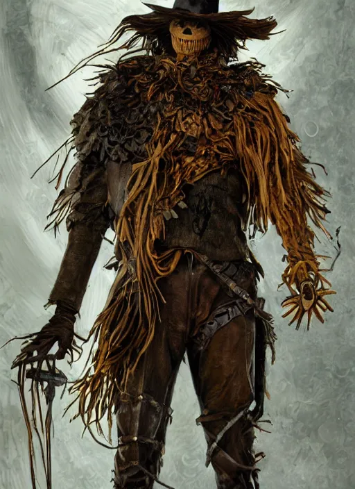 Image similar to powerful male scarecrow, willem dafoe as scarecrow, land of oz, full body character concept, covered in full leather armor, art nouveau, super powers, fantasy, intricate, elegant, highly detailed, digital painting, artstation, concept art, shining, sharp focus, illustration, art by stanley lau