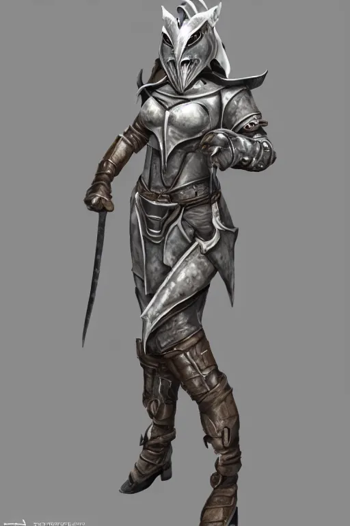 Image similar to female adventurer in tight full - body leather armor of dwemer design with white porcelain crow mask, trending in artstation, establishing shot