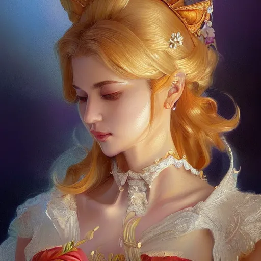 Image similar to ultra realistic illustration, princess peach, intricate, elegant, highly detailed, digital painting, artstation, concept art, smooth, sharp focus, illustration, art by artgerm and greg rutkowski and alphonse mucha