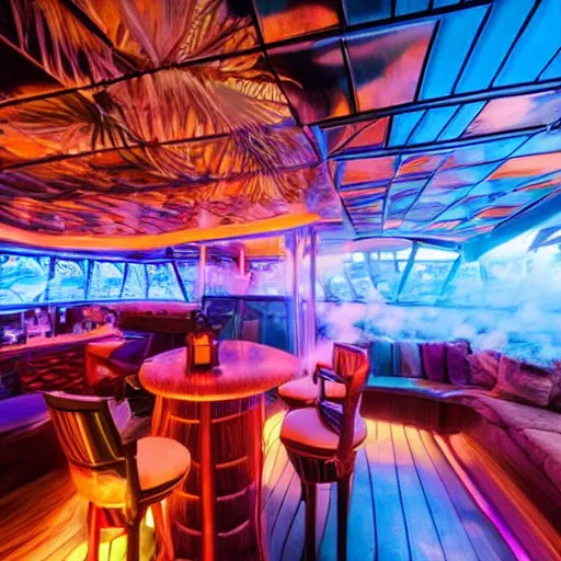 Image similar to architectural digest photo, inside dark and moody crowded futuristic tiki bar inside a yacht, tropical plants, blue lighting with small pastel orange and pink accent lights, crowd of cool people dancing, haze, volumetric fog, ray - tracing lighting and reflections