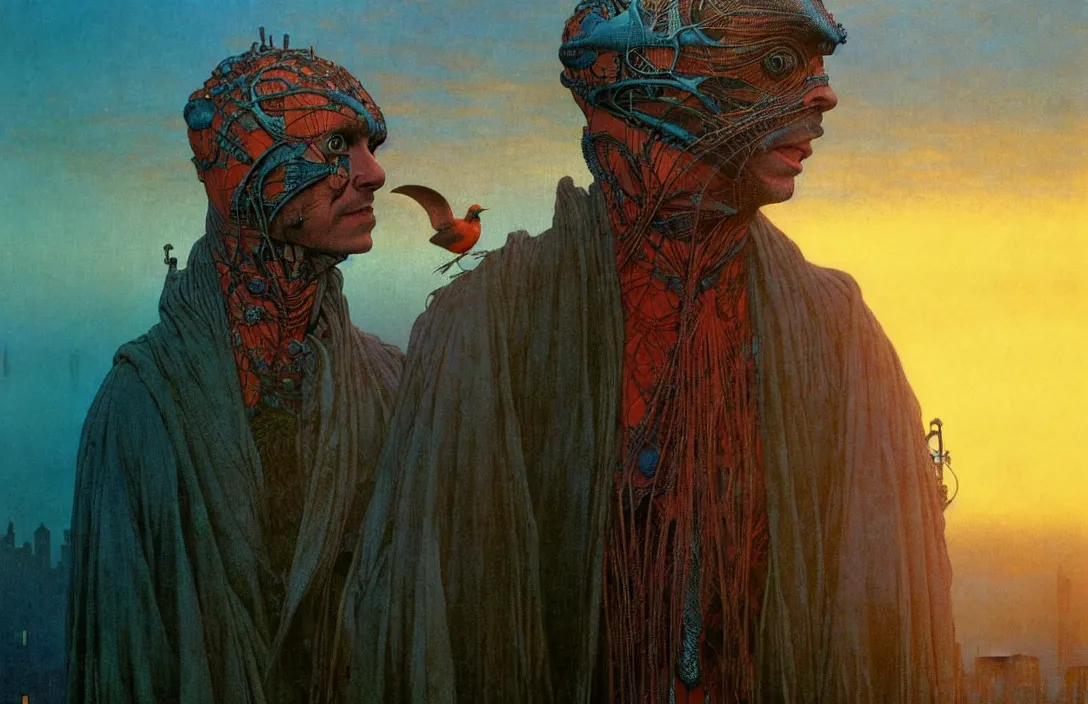 Image similar to realistic detailed portrait movie shot of a birdman wearing dark ragged robes, futuristic city sunset landscape background by denis villeneuve, amano, yves tanguy, alphonse mucha, ernst haeckel, max ernst, roger dean, rich moody colours, blue eyes