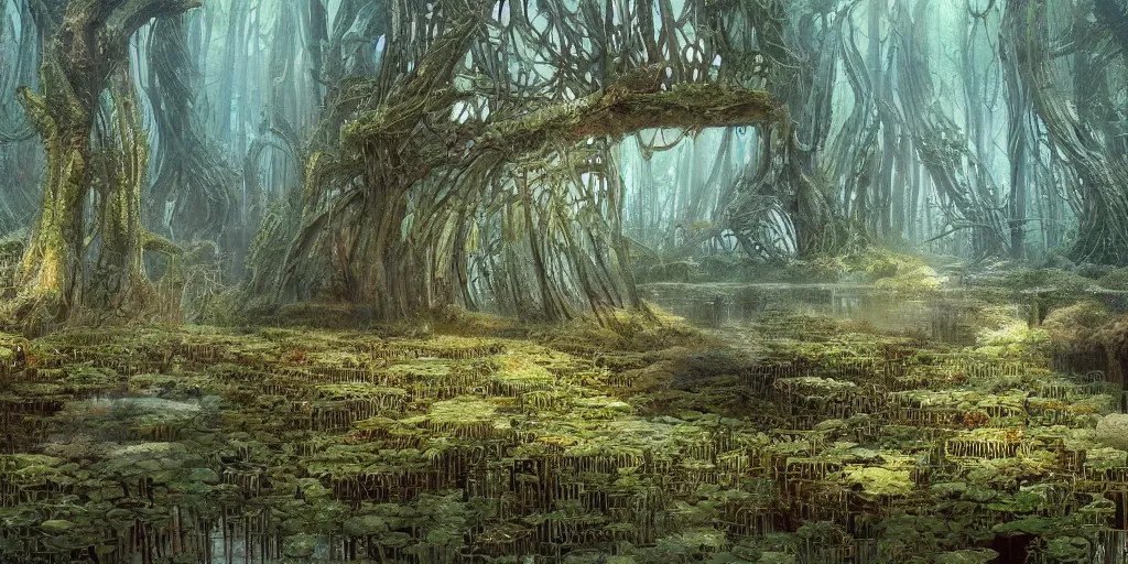Image similar to Artwork of the Cinematic view of a diatoms forest by John Howe, Trending on artstation