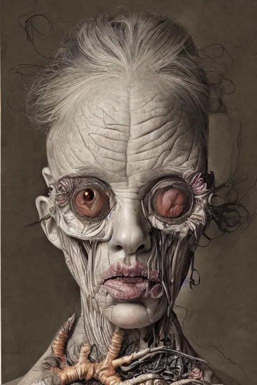 Prompt: Detailed maximalist portrait of a beautiful old woman with large lips and eyes, scared expression, botanical skeletal with extra flesh, HD mixed media, 3D collage, highly detailed and intricate, surreal illustration in the style of Jenny Saville, dark art, baroque, centred in image