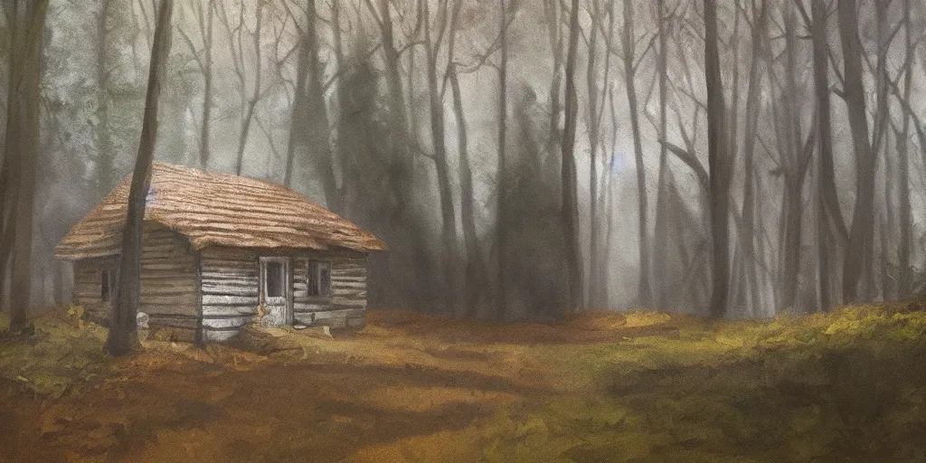 Image similar to a painting of a close up of a single cottage with a thached roof in the woods and empty woods, 8k, fantasy, hyper realistic, dramatic lighting, cinematic