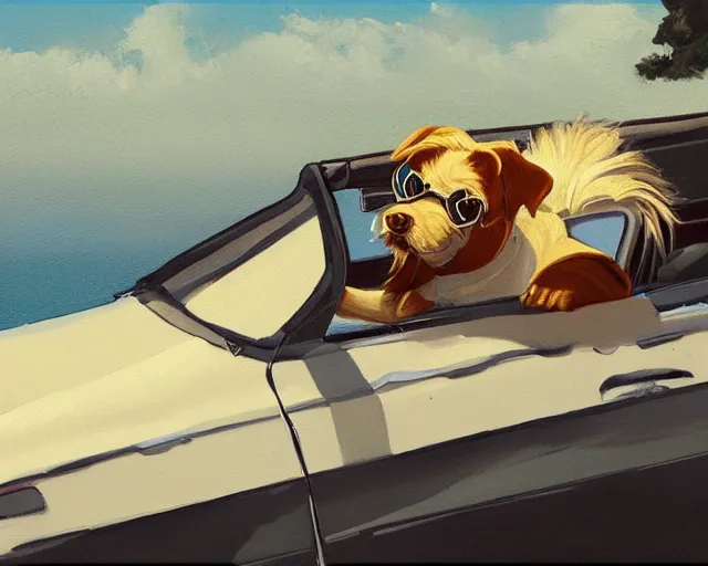 Prompt: a painting of a hipster dog driving a convertible in monte carlo, holding the wheel, in the style of greg rutkowski, highly detailed