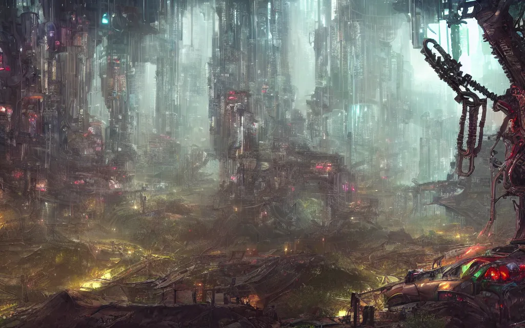 Prompt: a forest where gears and electronic parts grow on the trees tops, cyberpunk landscape wallpaper, d&d art, fantasy, painted, 4k, high detail, sharp focus