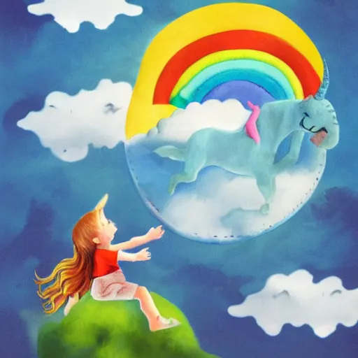 Image similar to a happy child rides a unicorn tiger between the clouds