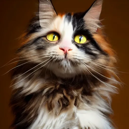 Image similar to very cute huge calico main coon in office, portrait, pixar style, cinematic lighting, award winning creature portrait photography