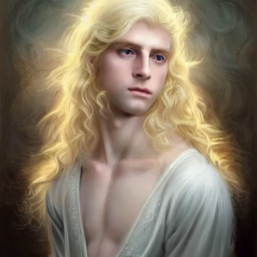 Image similar to Portrait of magical blond prince, very very very very pale white skin, long silky rich golden hair, dreamy and ethereal, pastel blue eyes, peaceful expression, ornate frilly regal shirt, fantasy, intricate, elegant, dynamic lighting, highly detailed, digital painting, artstation, concept art, smooth, sharp focus, illustration, art by artgerm and greg rutkowski and alphonse mucha