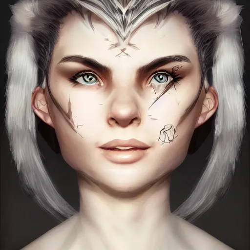 Prompt: fantasy portrait of a female human adventurer with white skin, white hair, white eyes without pupils, slightly - pointed ears, short wavy hair, eyebrow scar, trending on artstation, ethereal, gentle smile, friendly, glowing, angled