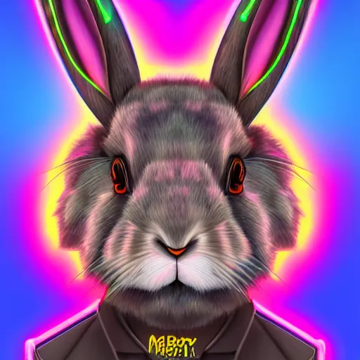 Image similar to portrait of rabbit with UV neon fur holding a machine gun , 8k, highly detailed, sharp, realistic, in style of Lisa Frank, Artstation, deviantart