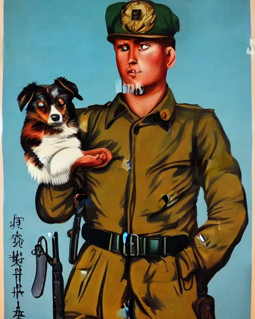 Image similar to communist propaganda poster of an australian shepherd soldier, communist china art