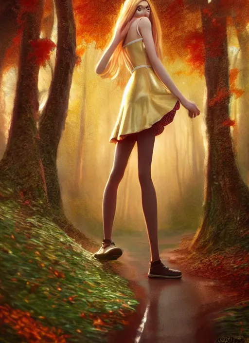 Prompt: young woman walking in short rose skirt : : magic forest mushrooms nature : : weta disney pixar movie still photo : : decadent highly - detailed digital painting, full length shot, golden ratio, octane render, artstation, smooth, sharp focus, artgerm, mucha, loish, wlop, gogo