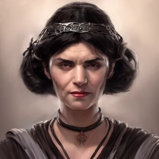 Prompt: hestia, helen mcrory, elderly greek hearth goddess, black hair, tunic, d & d, fantasy, portrait, highly detailed, headshot, digital painting, trending on artstation, concept art, sharp focus, illustration, art by artgerm and greg rutkowski and magali villeneuve