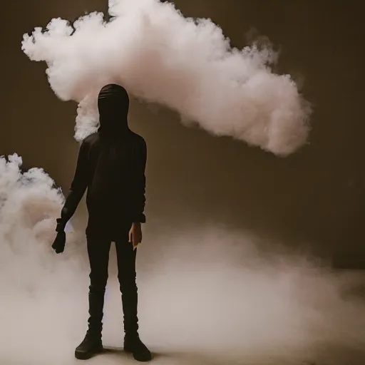Image similar to an intimate portrait of a teenager wearing a black balaclava in a tear gas cloud, facing camera, emotionnal, smoke, riot, black block, photojournalism, f 2, nikon, studio portrait, bokeh, sharp focus, haze, volumetric lighting, intense, eerie, by annie leibovitz, visa pour l'image, prix nadar