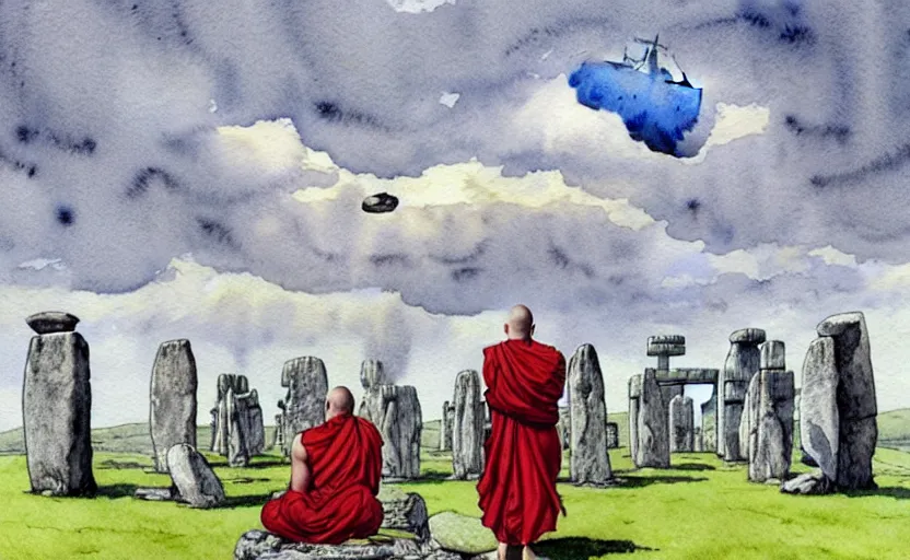 Image similar to a hyperrealist watercolor fantasy concept art of giant monk with a long forehead in grey robes sitting in stonehenge. several large stones are floating in the air. in the background a ufo is in the sky. by rebecca guay, michael kaluta, charles vess