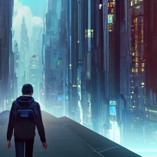 Image similar to young man facing the desperate and endless call of the void, futuristic cityscape, unreal 5 render, vivid colors, high detail, clear weather, studio ghibli, digital art, octane render, beautiful composition, trending on artstation, award - winning photograph, masterpiece