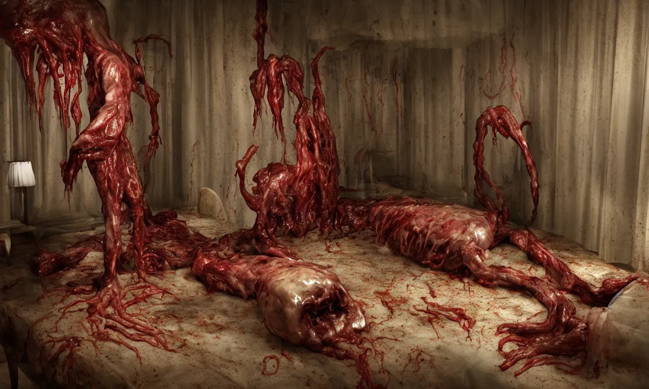 Prompt: a long shot photograph with camera flash of a male demonic creature made of slimy oozy meat and veins inside a bedroom with a bed, a chair and a table with windows with curtains attacking the pov, photorrealistic, render vray, concept art, film, dslr