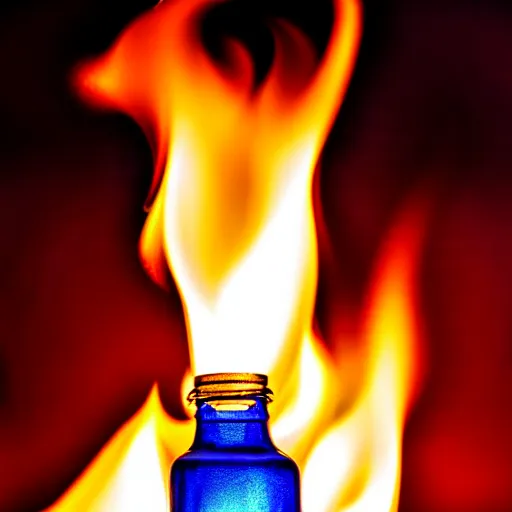 Image similar to blue flame burning inside a bottle, 4 k, photography, highly detailed