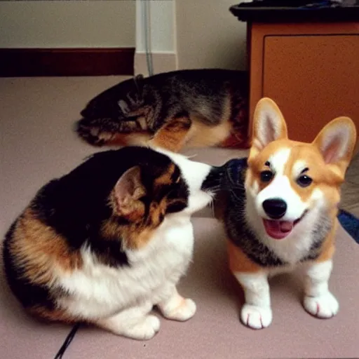 Prompt: Corgi and cat fixing the website, polaroid