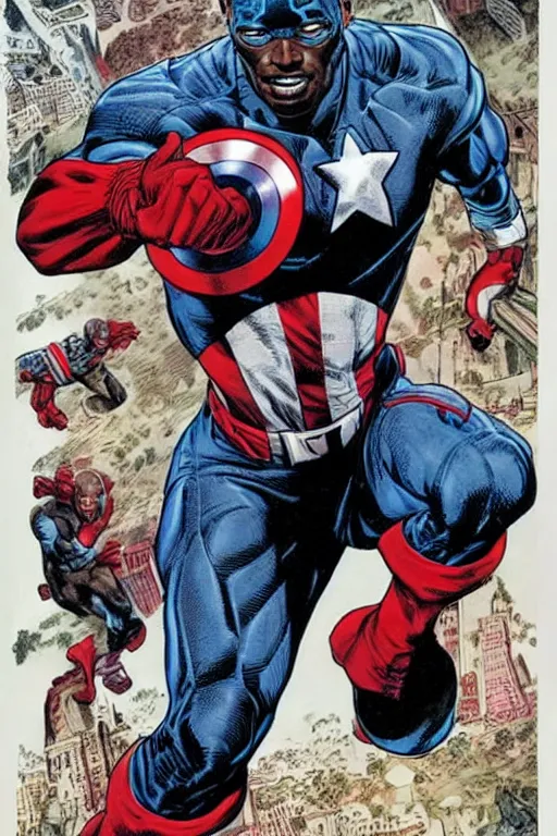 Prompt: black captain America. concept art by James Gurney and Mœbius.